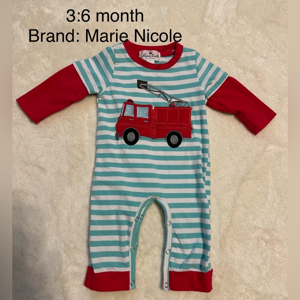 Marie Nicole Red and Blue Striped Fire Truck Bodysuit